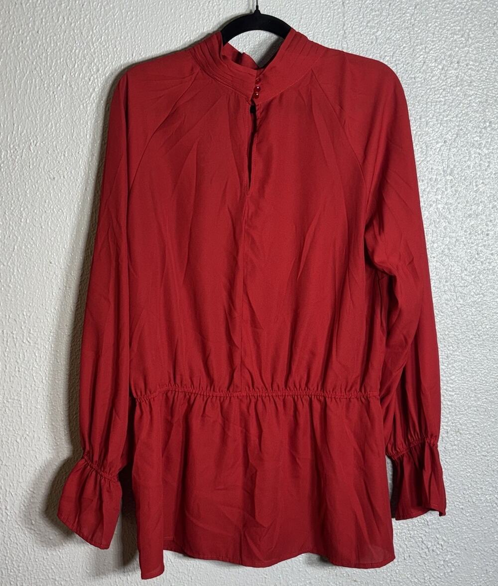 Ashley Stewart Plus 18/20 Red Mock Neck Long Sleeve Peplum Woven Blouse